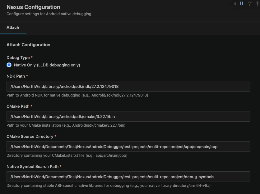 Nexus settings panel showing NDK path and debug options