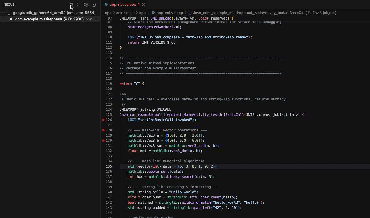 Nexus VS Code extension demo: pick a process, attach, and hit breakpoints on device